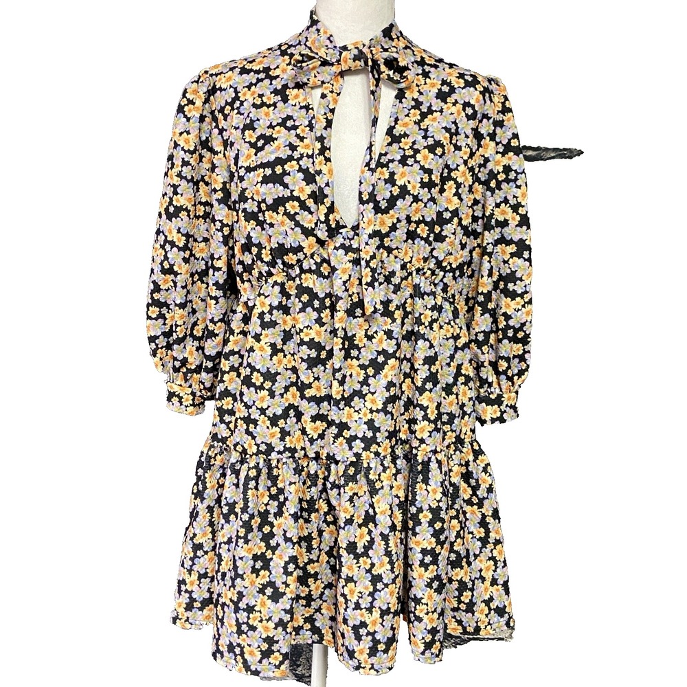 ASOS Design Dress Womens US 10 Black Yellow Floral Tie Neck Puff Sleeve Tiered M